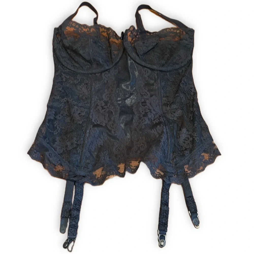 Vintage Gossard Black Lace Bustier Corset Top with garters 34D US … 34DD UK